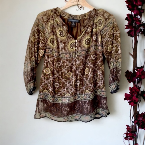 bohemian cafe Tops - BOHEMIAN CAFE BROWN MULTI PRINT TOP SIZE LARGE